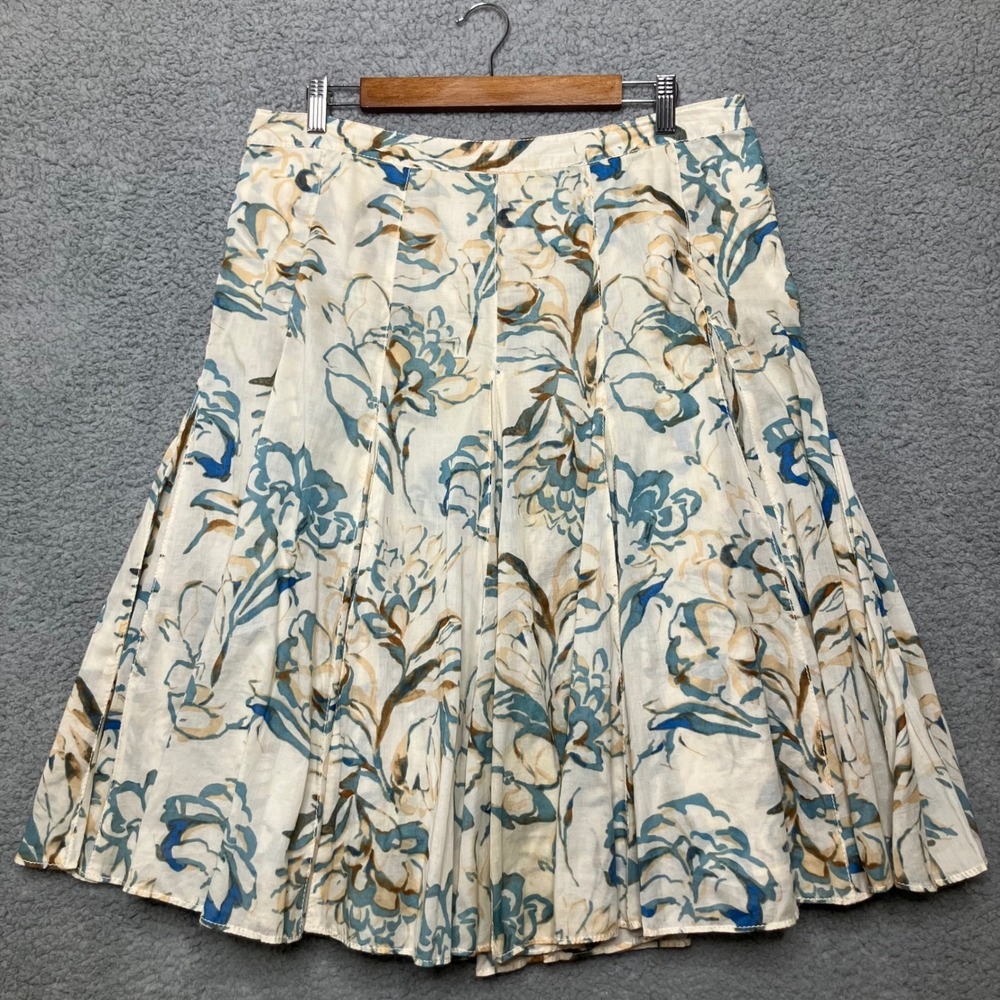 Vtg Y2K Banana Republic A-Line Skirt Women 12 Floral Cotton Pleated Cream Blue